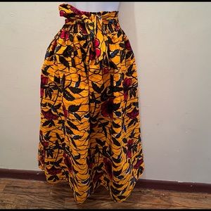 African Tribal Yellow Maxi Wide Flare Skirt W/ Pockets & Bow Tie